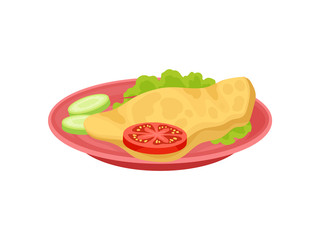Omelette with lettuce leaf, slice of tomato and cucumber on pink plate. Food for breakfast. Flat vector design