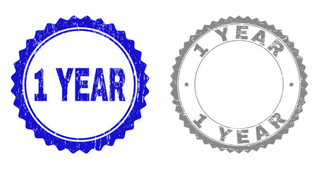 1 YEAR stamp seals with grunge texture in blue and grey colors isolated on white background. Vector rubber overlay of 1 YEAR tag inside round rosette. Stamp seals with grunge textures.