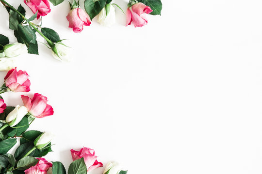 Flowers composition. Pink and white rose flowers on white background. Valentines day, mothers day, womens day concept. Flat lay, top view, copy space