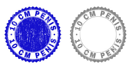 10 CM PENIS stamp seals with grunge texture in blue and grey colors isolated on white background. Vector rubber watermark of 10 CM PENIS text inside round rosette. Stamp seals with scratched textures.