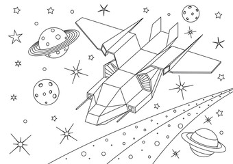 Alien spaceship in the Universe, spacecraft flying in deep space with stars in the background - coloring book