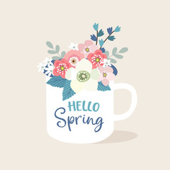 Easter greeting card, invitation. Handwritten Hello Spring text. Hand drawn mug. Cup of tea or coffee. Porcelain mug decorated by leaves and flowers. Vector illustration, brush lettering, flat design.