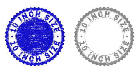 10 INCH SIZE stamp seals with grunge texture in blue and gray colors isolated on white background. Vector rubber imitation of 10 INCH SIZE title inside round rosette.