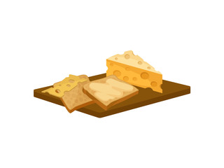 Two slices of toast bread with butter and cheese on wooden cutting board. Food for breakfast. Flat vector design