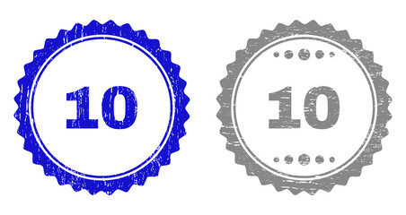 10 stamp seals with distress texture in blue and grey colors isolated on white background. Vector rubber imitation of 10 text inside round rosette. Stamp seals with dust textures.