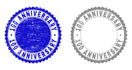 100 ANNIVERSARY stamp seals with distress texture in blue and grey colors isolated on white background. Vector rubber overlay of 100 ANNIVERSARY text inside round rosette.