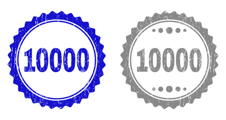 10000 stamp seals with grunge texture in blue and grey colors isolated on white background. Vector rubber overlay of 10000 title inside round rosette. Stamp seals with grunge styles.