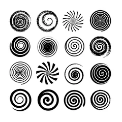 Poster Set of spiral and swirl motion elements. Black isolated objects, icons. Different brush textures, vector illustrations. © tabitazn