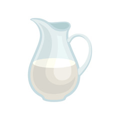 Glass jar of fresh milk. Organic dairy product. Tasty drink for breakfast. Flat vector illustration