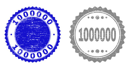 1000000 stamp seals with grunge texture in blue and gray colors isolated on white background. Vector rubber imprint of 1000000 label inside round rosette. Stamp seals with scratched textures.