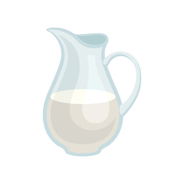 Glass jar of fresh milk. Organic dairy product. Tasty drink for breakfast. Flat vector illustration