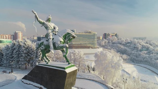 Monument to Salavat Yulaev in Ufa at winter aerial view, motion