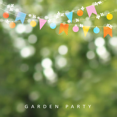 Spring or summer greeting card, invitation. String of lights, bunting flags and cherry blossoms. Modern blurred background. Birthday garden party decoration. Spring concept. Vector illustration.