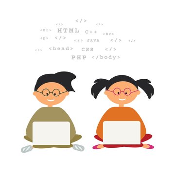 Little girl and boy programming a robot on their computers. Kids coding. workspace vector illustration.