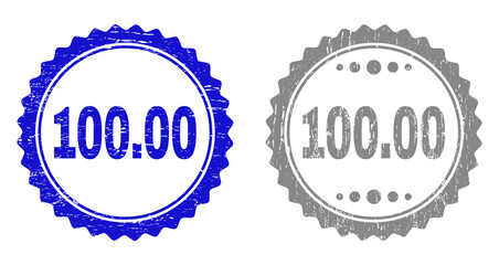 100.00 stamp seals with grunge texture in blue and gray colors isolated on white background. Vector rubber imitation of 100.00 tag inside round rosette. Stamp seals with dirty textures.
