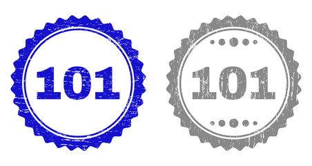 101 stamp seals with grunge texture in blue and grey colors isolated on white background. Vector rubber watermark of 101 tag inside round rosette. Stamp seals with grunge textures.