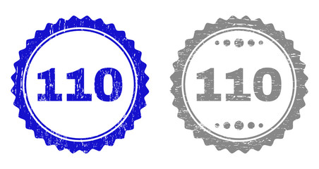 110 stamp seals with grunge texture in blue and grey colors isolated on white background. Vector rubber overlay of 110 label inside round rosette. Stamp seals with grunge styles.