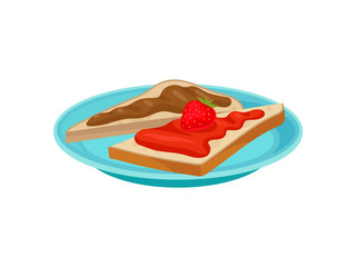 Flat vector icon of blue plate with two slices of bread with chocolate strawberry suryp. Sweet breakfast
