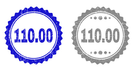 110.00 stamp seals with distress texture in blue and gray colors isolated on white background. Vector rubber watermark of 110.00 text inside round rosette. Stamp seals with unclean textures.