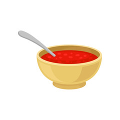 Small bowl with strawberry jam and spoon. Natural homemade product. Food theme. Flat vector design