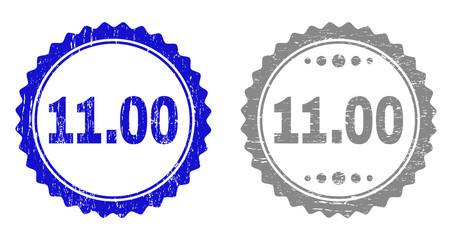 11.00 stamp seals with grunge texture in blue and grey colors isolated on white background. Vector rubber overlay of 11.00 caption inside round rosette. Stamp seals with scratched textures.