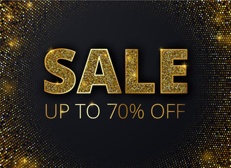 Sale black promo poster with golden dotted pattern.