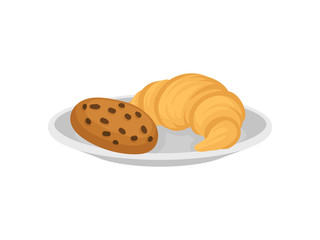 Tasty croissant and cookie with chocolate chips. Delicious breakfast. Food theme. Flat vector design