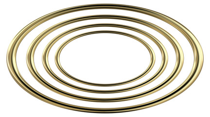 3D rendering of four concentric reflective golden ellipses, on white background