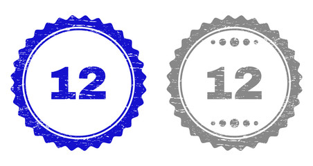 12 stamp seals with grunge texture in blue and grey colors isolated on white background. Vector rubber imitation of 12 label inside round rosette. Stamp seals with scratched textures.