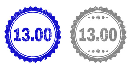 13.00 stamp seals with distress texture in blue and gray colors isolated on white background. Vector rubber watermark of 13.00 label inside round rosette. Stamp seals with retro styles.