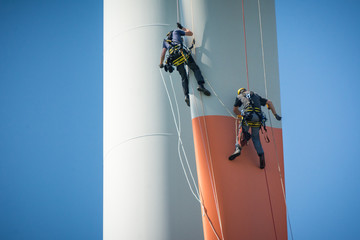 Inspection engineers abseiling down a rotor blade of a wind turbine in a North German wind farm on...