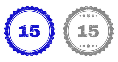 15 stamp seals with grunge texture in blue and gray colors isolated on white background. Vector rubber imitation of 15 label inside round rosette. Stamp seals with grunge textures.