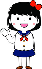 A cute bob cut female student in a sailor suit expressing emotion outline