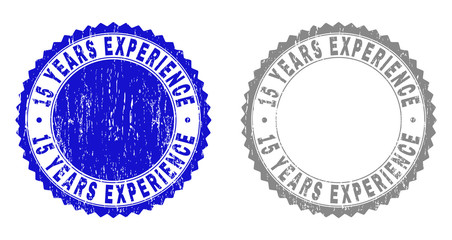 15 YEARS EXPERIENCE stamp seals with grunge texture in blue and grey colors isolated on white background. Vector rubber imprint of 15 YEARS EXPERIENCE tag inside round rosette.