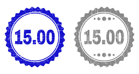 15.00 stamp seals with grunge texture in blue and grey colors isolated on white background. Vector rubber imprint of 15.00 text inside round rosette. Stamp seals with corroded textures.