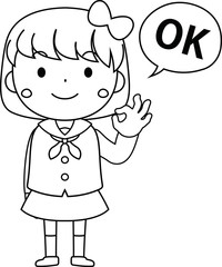 A cute bob cut female student in a sailor suit expressing emotion outline