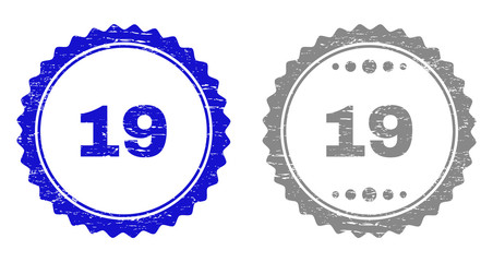 19 stamp seals with distress texture in blue and gray colors isolated on white background. Vector rubber watermark of 19 tag inside round rosette. Stamp seals with unclean styles.
