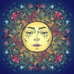 Decorative composition with stylized human faced sun, red poppies and bluebells. Medieval gothic style hand drawing isolated on a dark blue background. EPS10 vector illustration