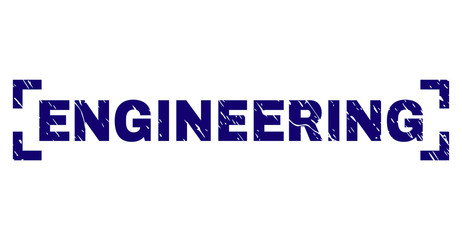 ENGINEERING text seal print with corroded texture. Text title is placed inside corners. Blue vector rubber print of ENGINEERING with dust texture.