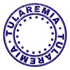 TULAREMIA stamp seal watermark with grunge texture. Designed with circles and stars. Blue vector rubber print of TULAREMIA title with grunge texture.