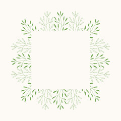 Summer frame with hand drawn leaves. Green squared border. Vector isolated illustration.