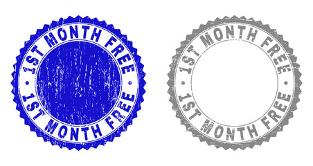 1ST MONTH FREE stamp seals with distress texture in blue and gray colors isolated on white background. Vector rubber watermark of 1ST MONTH FREE tag inside round rosette.