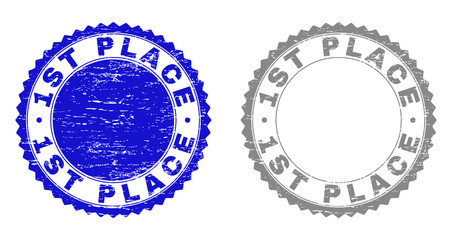 1ST PLACE stamp seals with grunge texture in blue and gray colors isolated on white background. Vector rubber overlay of 1ST PLACE tag inside round rosette. Stamp seals with corroded textures.