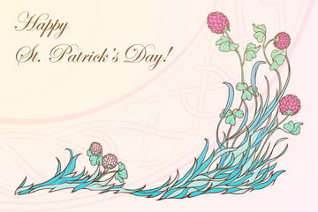 Pink clover in bloom and traditional celtic woven ornament on a background. St. Patrick's day festive design. EPS 10 vector illustration