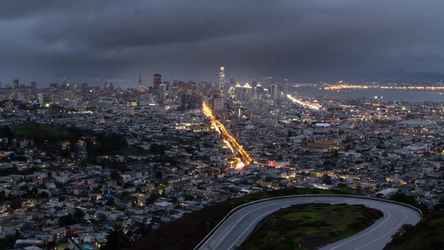Aerial at Night of San Francisco New Modern Skyline with Salesforce Tower