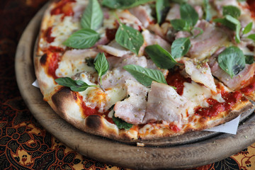 Pizza with ham bacon and vegetable , italian food