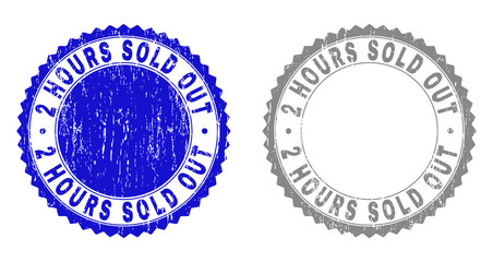 2 HOURS SOLD OUT stamp seals with distress texture in blue and gray colors isolated on white background. Vector rubber overlay of 2 HOURS SOLD OUT title inside round rosette.
