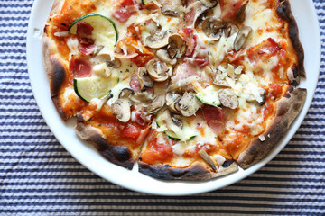 Pizza with bacon and mushroom , italian food