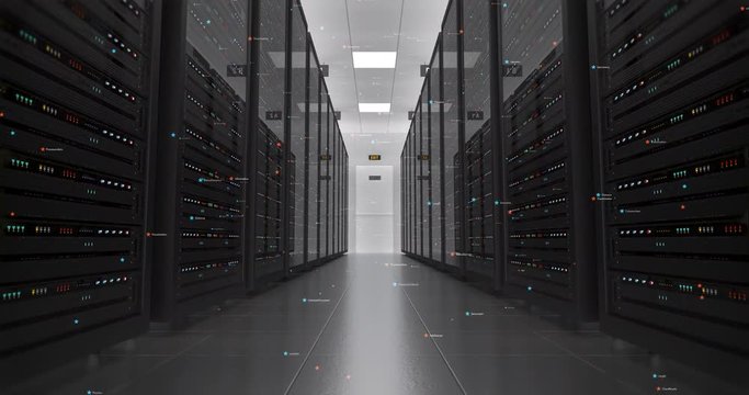 Server Racks In a Modern Data Center. Camera Slowly Moving Forward With Flying Numbers. Technology Related 4K Cg Animation.