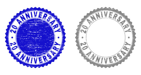 20 ANNIVERSARY stamp seals with distress texture in blue and gray colors isolated on white background. Vector rubber overlay of 20 ANNIVERSARY title inside round rosette.